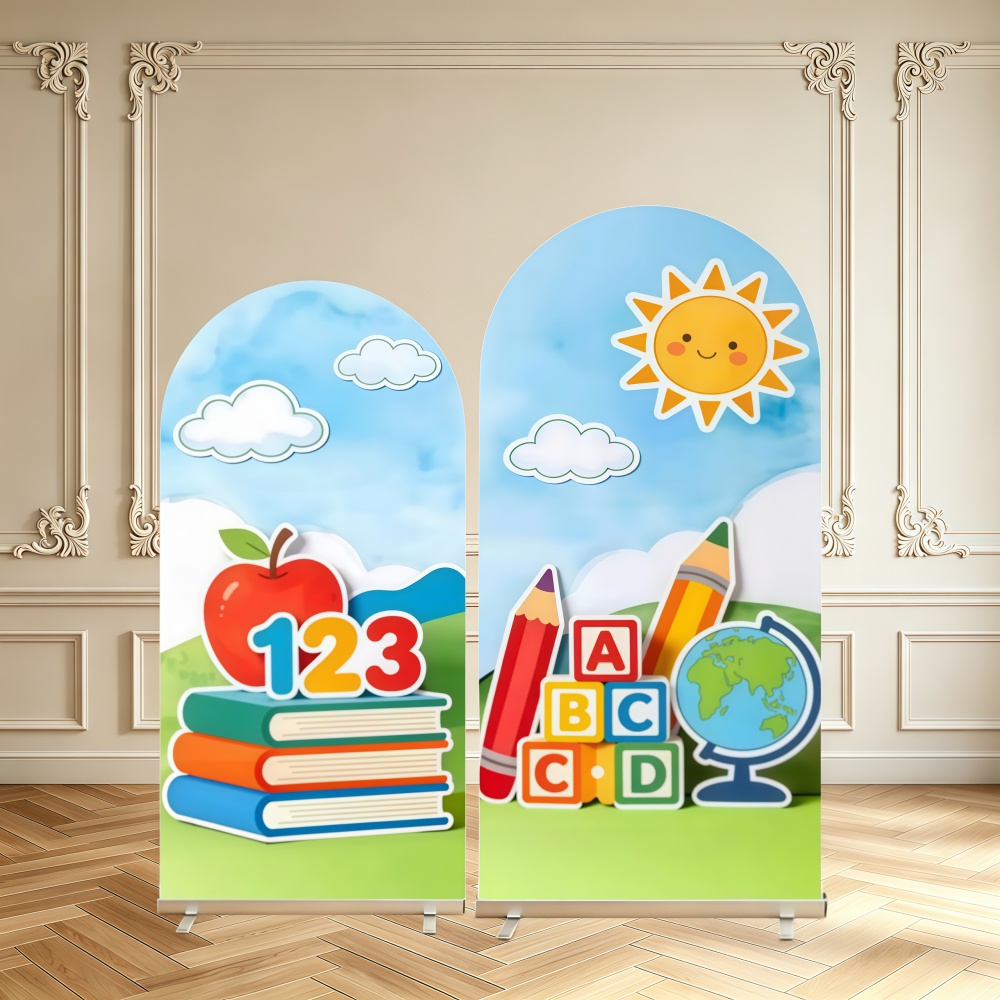 Kids Education Background - 백투스쿨 장식 아치형 배경 커버, 사과,